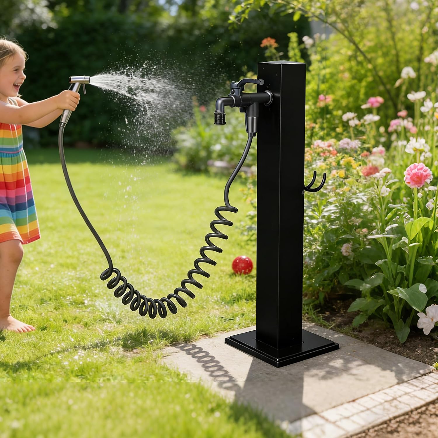 304 Stainless Steel Outdoor Vertical Square Garden Water Column, Freestanding Hose Stand with 2 in 1 Double Brass Faucet and Spray Gun, Black Yard Hydrant for Backyard and Irrigation (Black, 23.6 in)