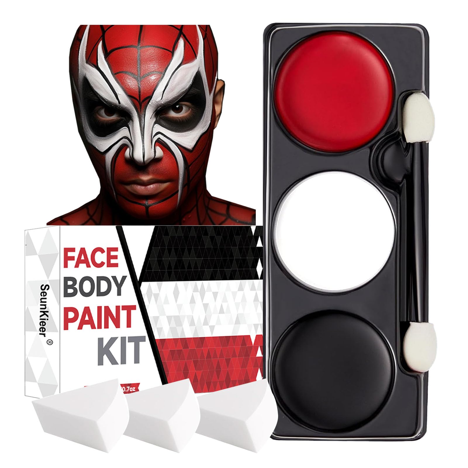 Halloween White Black Red Face Body Paint + 3PC Sponge + Brush, Oil Based Face Painting Kit Paint Palette Kit for Halloween Devil Cosplay Clown Joker Skeleton Vampire Costume SFX Makeup Theme Parties Black White Red