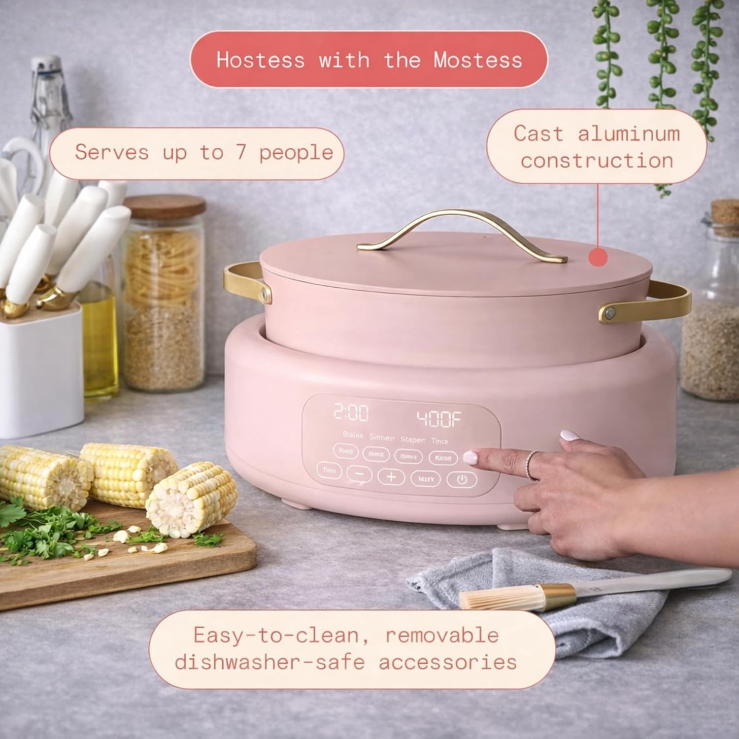 6 Quart Electric beeautifuul Multi Cooker 10 in 1 with Programmable Touch Display, Slow Cook Sear Steam (Rose)