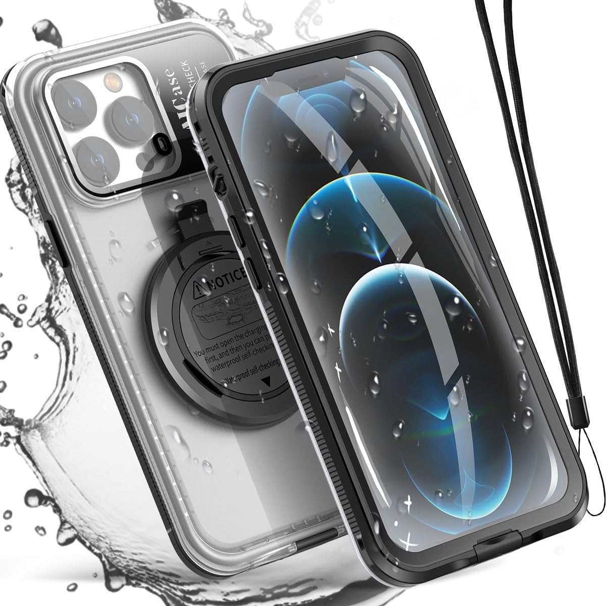 AICase Self-Check Waterproof Phone Case for iPhone 12 Pro Max, Underwater Touchscreen Water Proof Dustproof Snowproof Diving Phone Case Built-in Screen Protector for Shower, Bike, Beach, Snorkeling