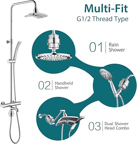 Miniatura 8 de Bright Showers Juego de cabezal de ducha doble con filtro de ducha de alto rendimiento para agua dura, cuerpo cromado + cara negra, 2 ajustes,