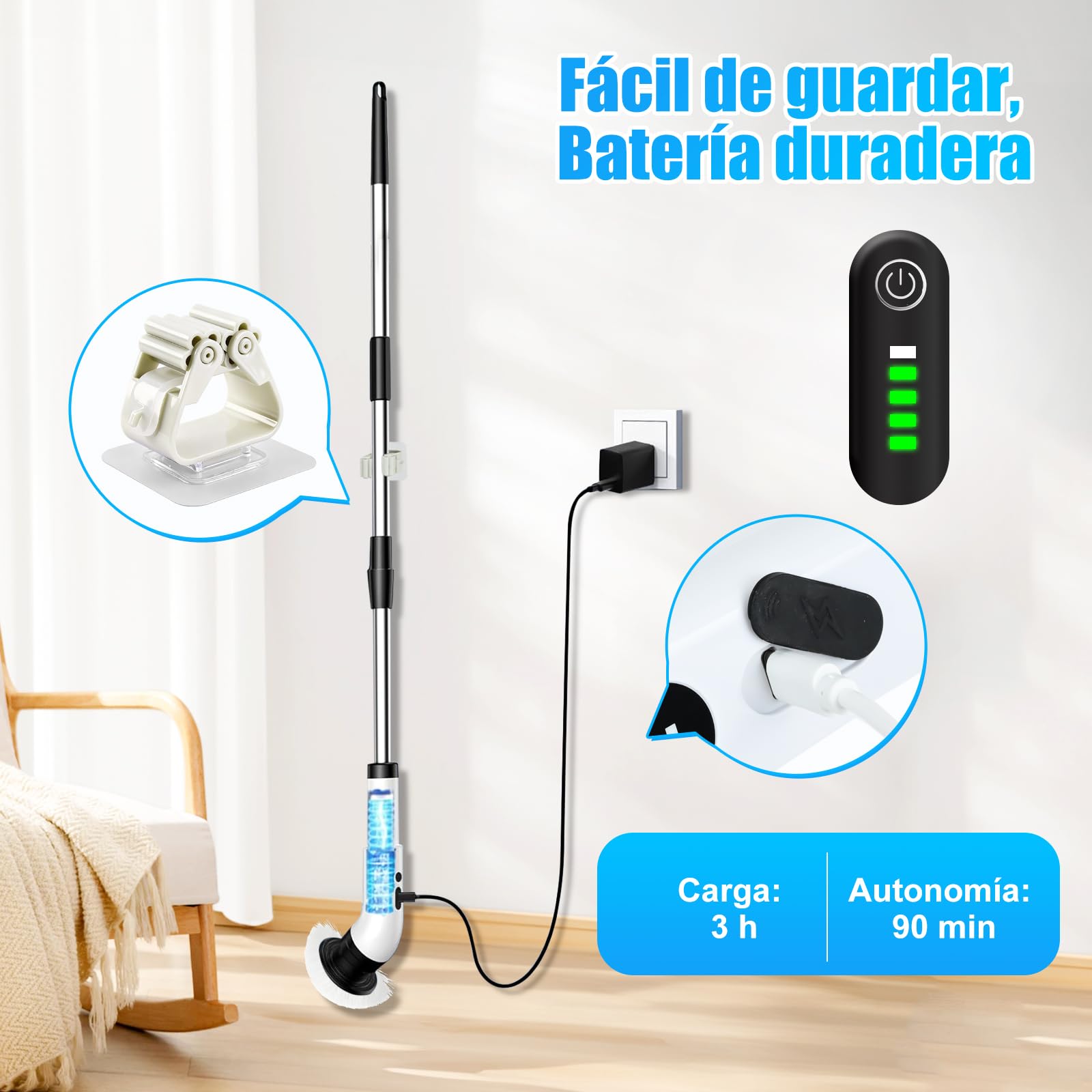 PATEMZON Cepillo Electrico Limpieza Hogar, Cepillo Limpieza Electrico-IPX7 con 9 Cabezales Reemplazables, Dos Velocidades Regulables y Mango Telescópico, para Baño, Cocina, Coche, Azulejos