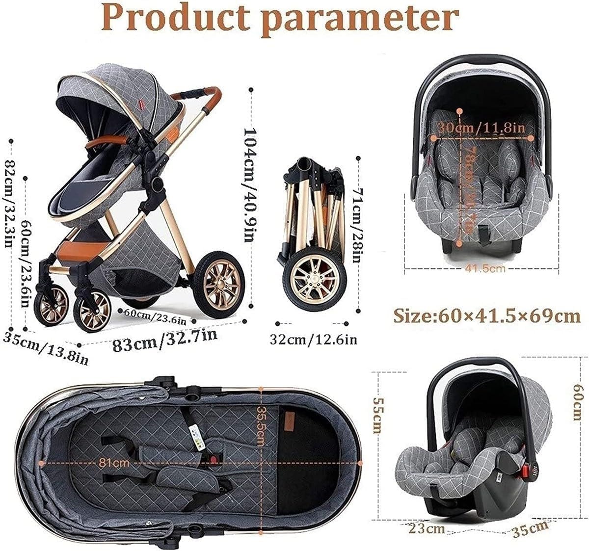 3 in 1 Baby Stroller Travel System Foldable Bassinet with Footmuff Blanket Cooling Pad Rain Cover Backpack Khaki