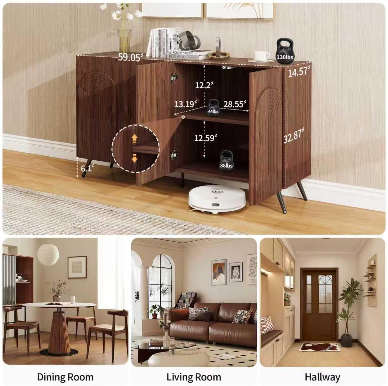 59" Modern Sideboard Buffet Cabinet with 4 Arch Carved Doors, Walnut Fluted Storage Cabinet with Adjustable Shelves, Large Wood Console Table & Coffee Bar for Living Room & Dining Room