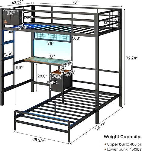 Miniatura 2 de DICTAC Litera con Escritorio, Luces LED y Estación de Carga, Literas Individuales sobre Individuales de Metal en Forma de L con Cajones de