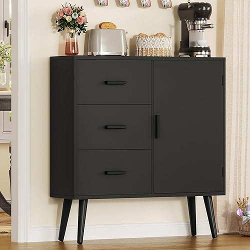 Miniatura 3 de Iwell Armario de almacenamiento negro con 3 cajones y estante ajustable, aparador de buffet, armarios de entrada, para sala de estar, comedor, negro