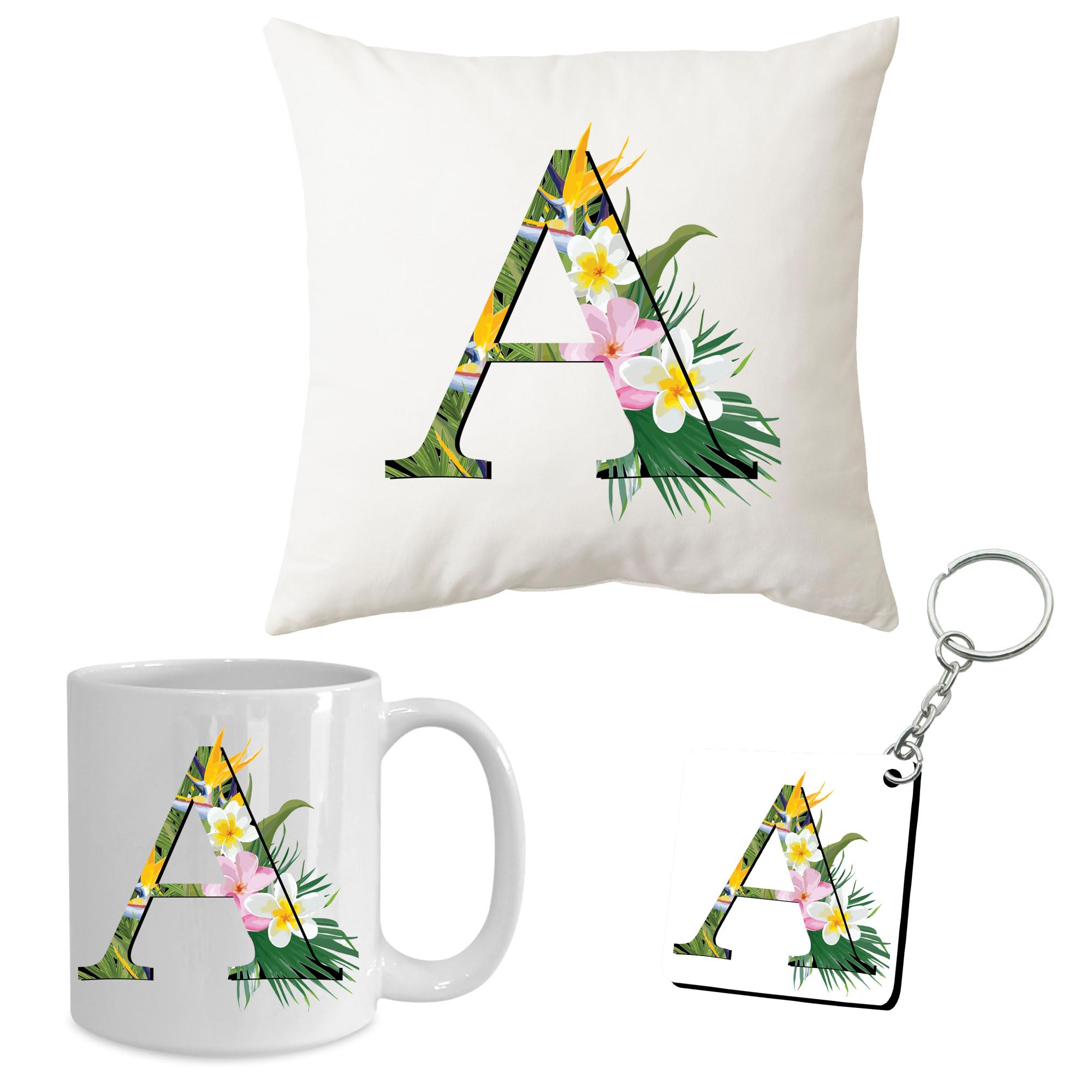 DJS GROUP Tropical Floral Letter A Gift Set, Decorative Cushion Cover, Coffee Mug and Keychain, White (White, Alphabet A)-image-17