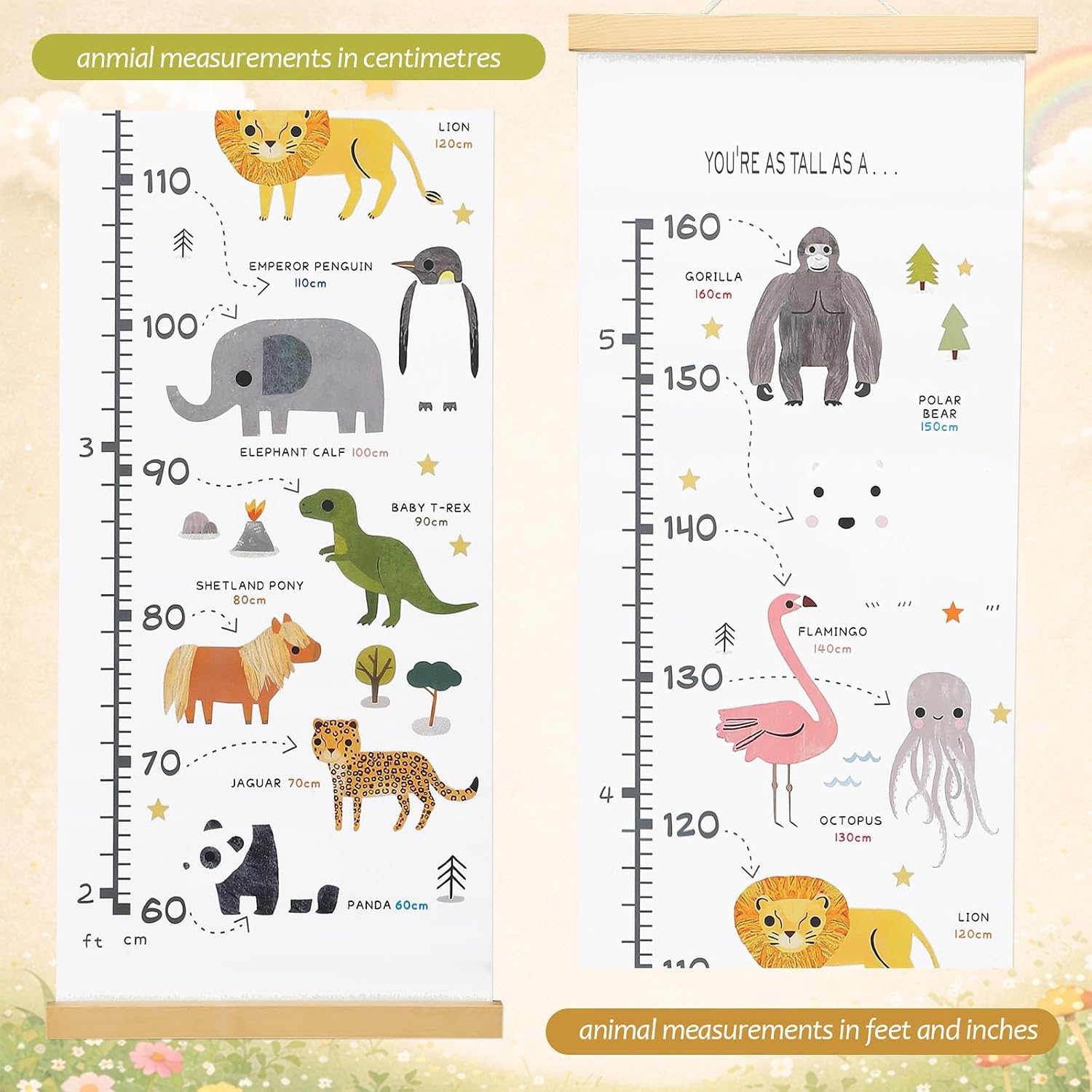 Feifeiya Animal Theme Kids Growth Chart Wall Hanging 48x11.8 Inch Removable Height Measurement Chart with Wooden Bars, Peel Stick Letters for Personalization, Baby to Child Canvas Height Tracker Gift