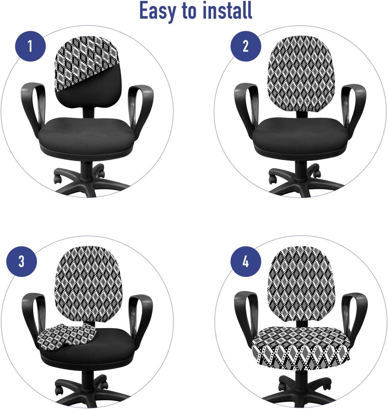 Ambesonne Black and White Office Chair Slipcover, Monochrome Rhombus with Lines and Dots Geometric Composition of Shapes, Protective Stretch Decorative Fabric Cover, Standard Size, White and Black