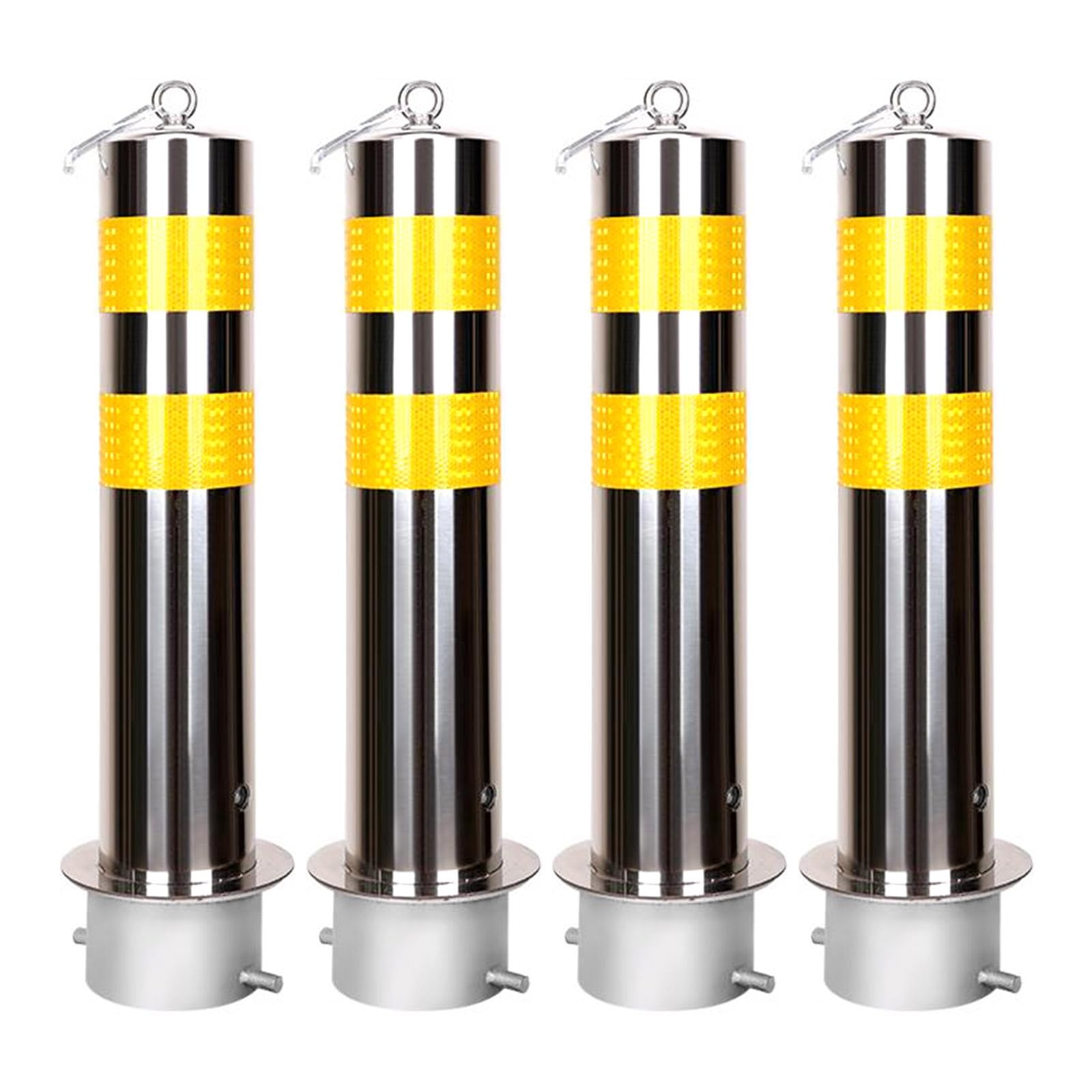 Aioneer Heavy-Duty Steel Parking Post - 4.5" Reflective Bollard Set Of 4 For Driveway Safety, Traffic Control, And Barricade - Durable Silver Design