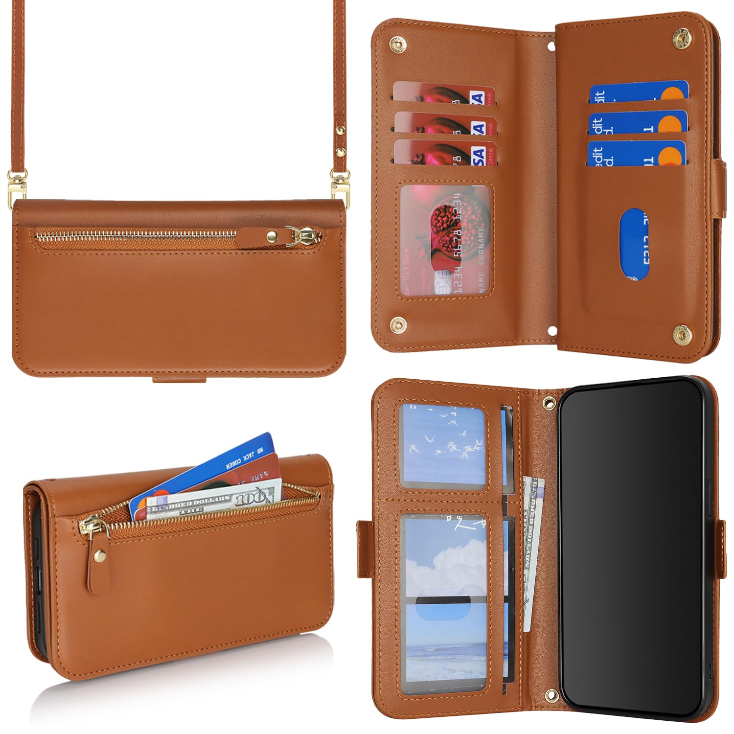 for iPhone 11 Wallet Case for Women,for iPhone 11 Case with Strap Crossbody Lanyard,PU Leather Shockproof Card Holder Stand Zipper Pocket Flip Phone Case-Brown