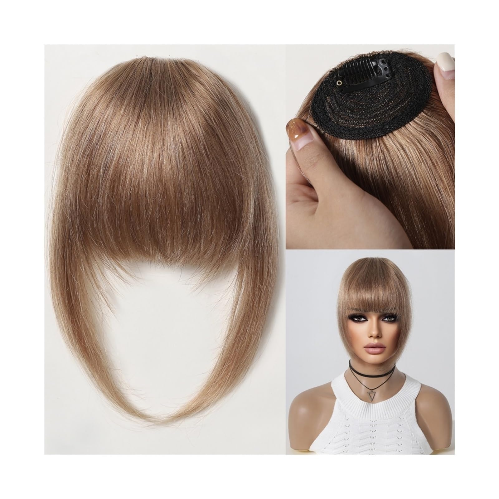 Flequillo Pinza para el cabello Cabello humano Flequillo con pinza for el cabello, flequillo 100% de cabello humano, flequillo francés marrón Natural con patillas, postizos gruesos falsos planos y lim