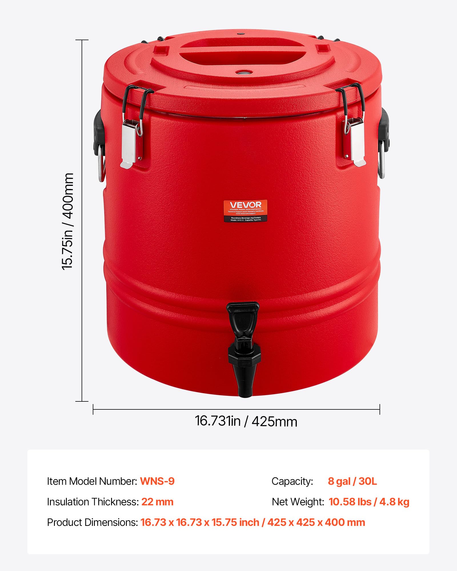 VEVOR Distributeur de Boissons Isotherme 30 L, Fontaine à Eau Chaude et Froide Non Électrique, Intérieur Inox 304, Rouge
