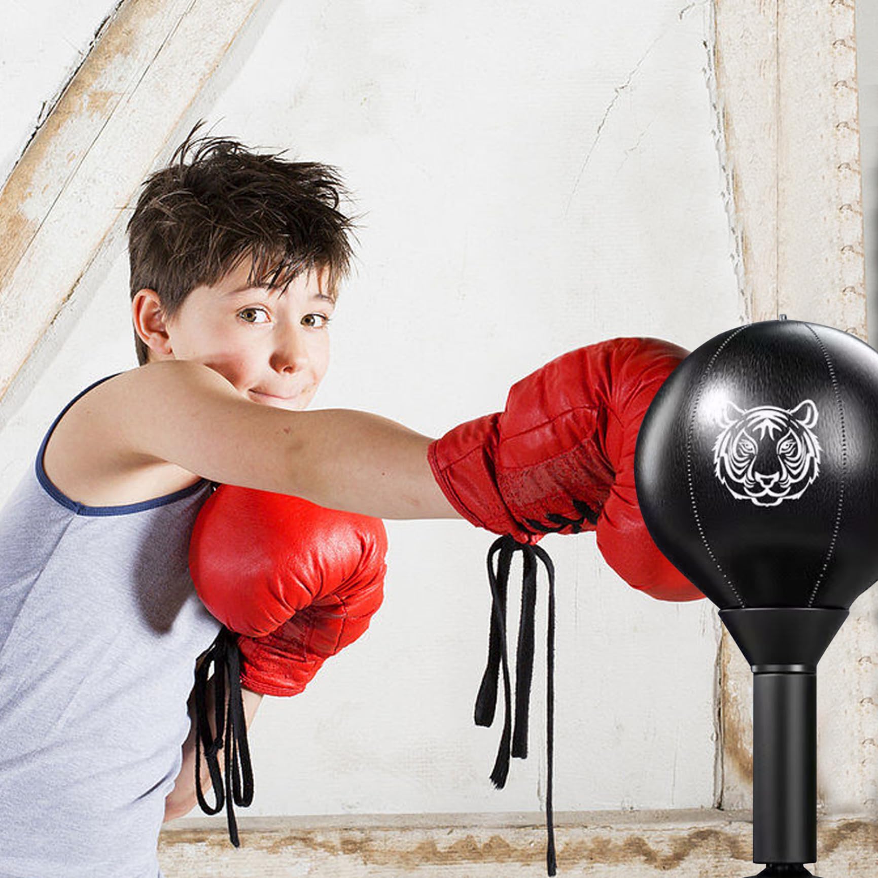 Boxausrüstung, Desktop-Boxsack für Kinder und Erwachsene, stark belastbar, Boxball mit Ständer, Tigermuster, PU, ​​zum Üben, Training, Stressabbau, Boxsack, schwarz