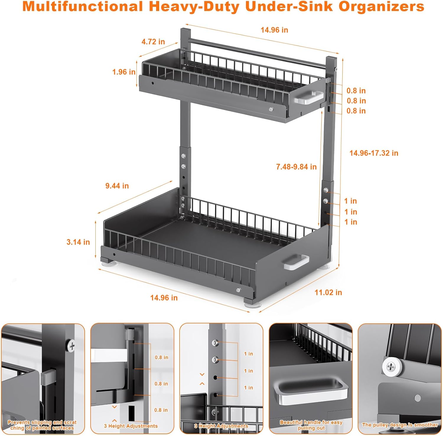 Under Sink Organizer,2 Tier Slide Out Kitchen Cabinet Organizers with Pulley,Under Bathroom Sink Pull Out Organizer with Multiple Height Adjustments for Kitchen and Bathroom Cabinets-Gray