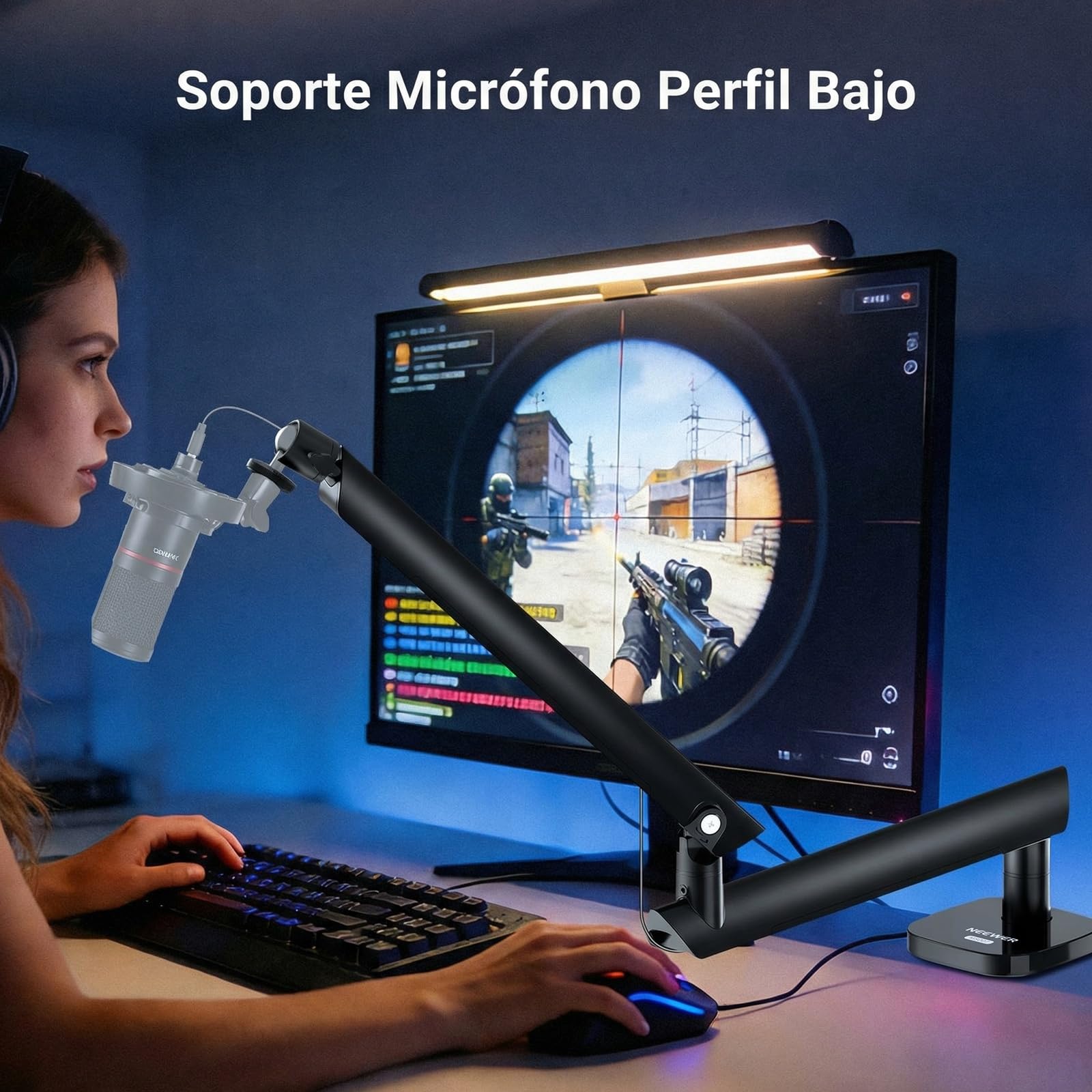 NEEWER Soporte de micrófono, soporte de micrófono amortiguado de perfil bajo, soporte de escritorio con brazo de brazo, cabeza de bola de 360°, canales de cable mejorados, adaptadores de 3/8 pulgadas