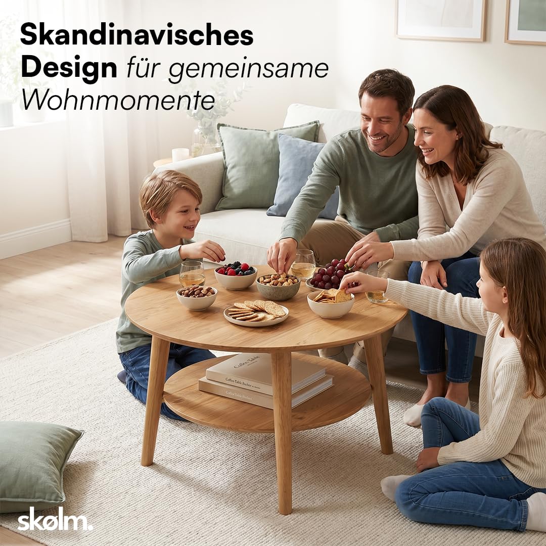 skølm Mjölnir Couchtisch rund Ø70 cm – Wohnzimmertisch aus Eiche Massivholz – Sofatisch mit 2 Ablagen – kleiner Beistelltisch Natur geölt – Holztisch Wohnzimmer mit Stauraum – Coffee Table