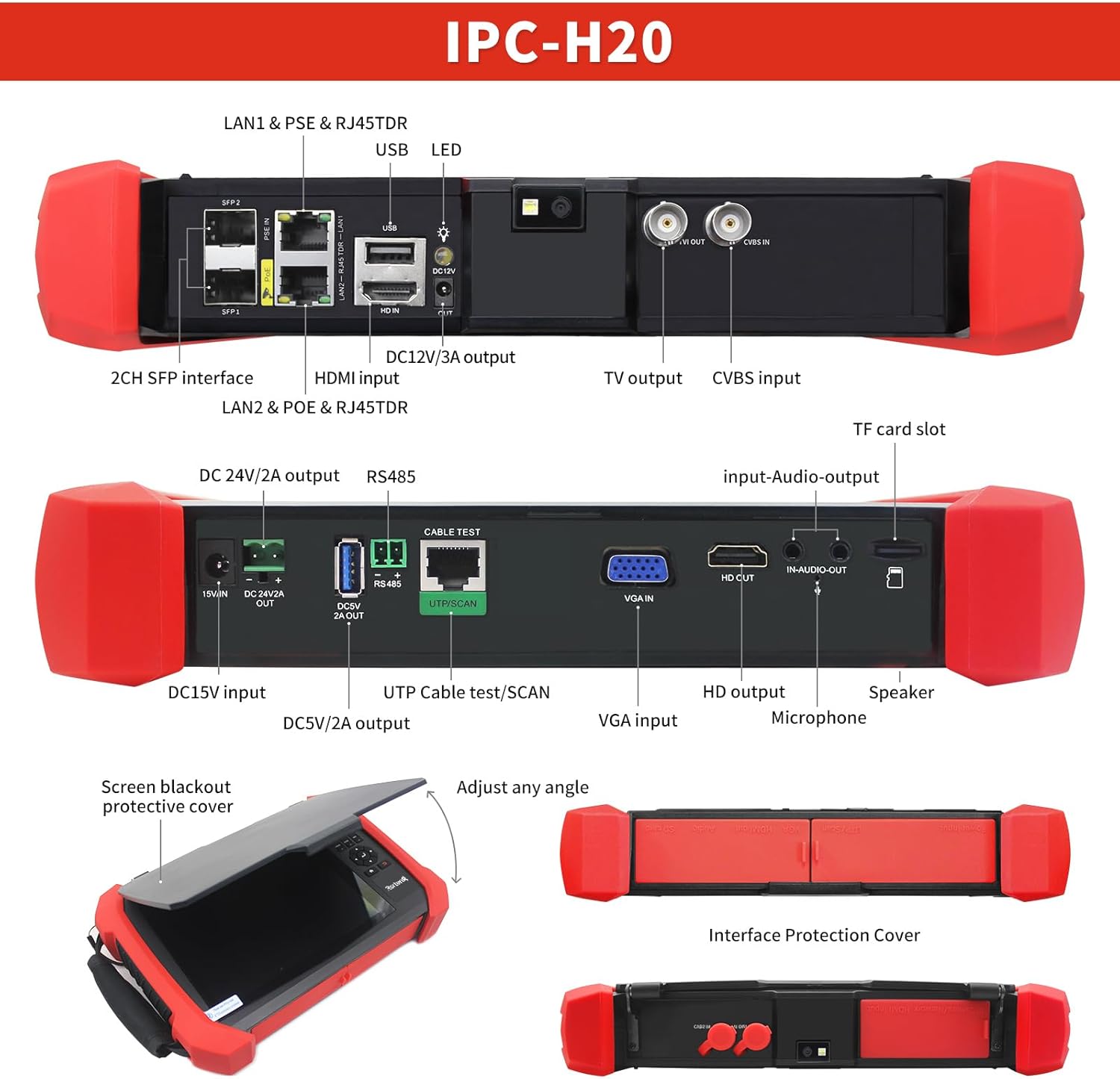 Rsrteng CCTV Tester 8K 32MP 12MP IP Camera Test POE++ Max 90W POE Camera Tester 2CH SFP Port WiFi Network Tools Cable Test HD VGA Power Output POE++ Detect Power Management