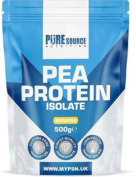 Pure Source Nutrition 100% Vegan Pea Protein Isolate Banana Flavoured Vegetarian Protein Powder Shake for Superfood Supergreens Dairy Free Shakes by PSN 500g, Banana