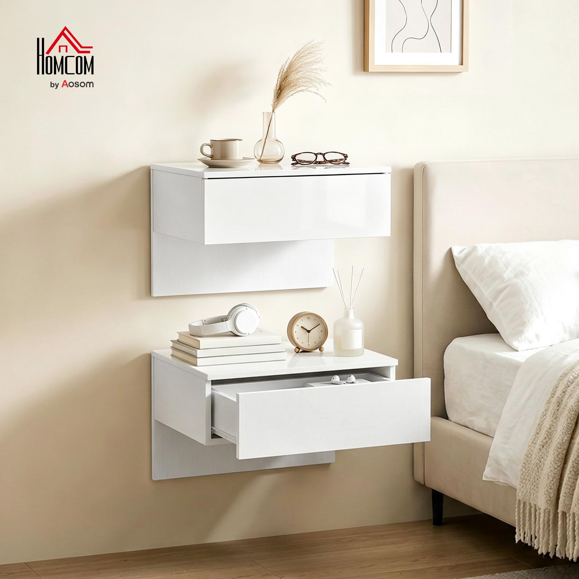 HOMCOM 2 Mesitas de Noche Flotantes con Cajón 40x35x36,2 cm Blanco Brillo