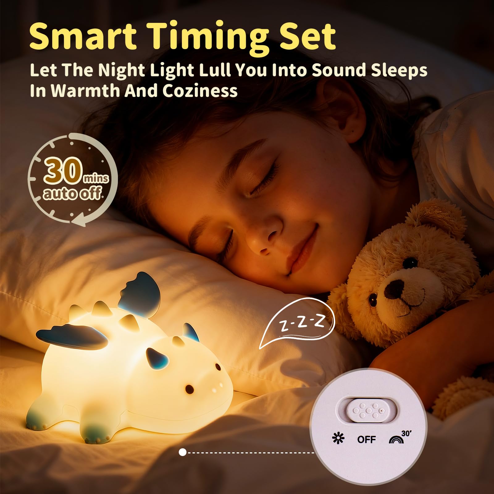Dinosaurier-Lampe blau für Kinderzimmer, Pat Control Dragon Light zum Stillen, Silikon-Nachtlicht für Kinderzimmer, Nachttischlampe, wiederaufladbares Pat-Licht mit RGB-Modus für Schlafzimmer