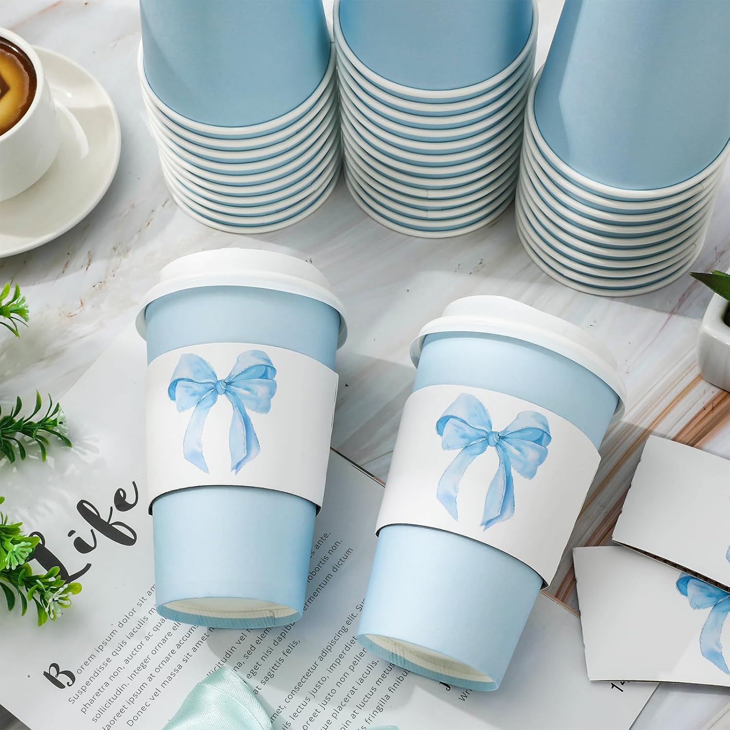 FYSUIMU 50 Sets Blue Coffee Cups with Bow Sleeves and Lids 16oz Blue Bowknot Baby Shower Disposable To Go Paper Coffee Cups for Birthday Wedding Bachelorette Party Supplies