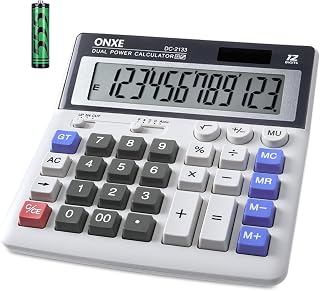 Calculators Desktop,ONXE 12 Digit Large Number 4.9" LCD Display Desk Calculator, Two Way Power Solar and Battery,Big Button Standard Basic 4 Function Basics Calculators for Office Financial