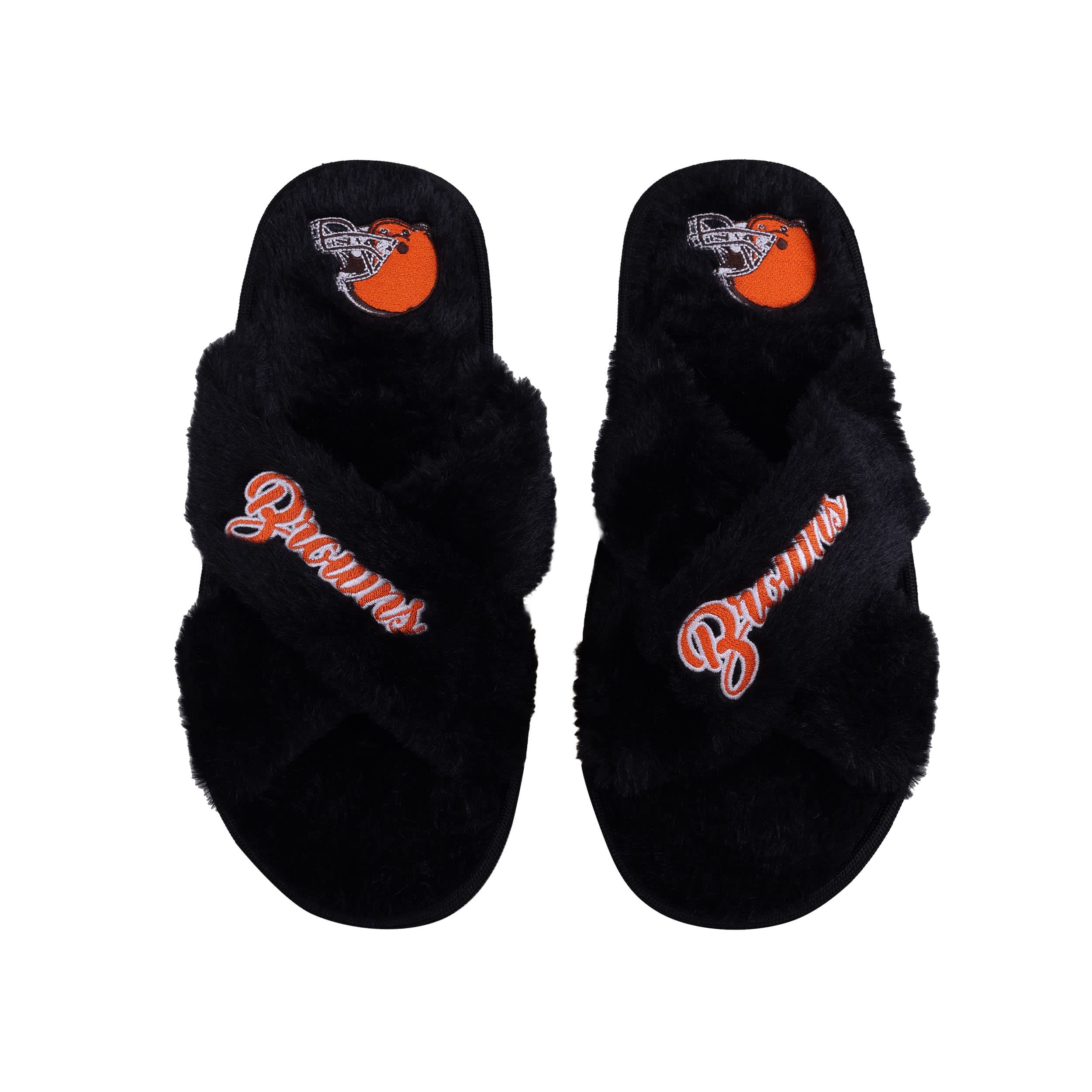 FOCO Womens NFL Team Script Wordmark Fuzzy Cross Slide Slippers