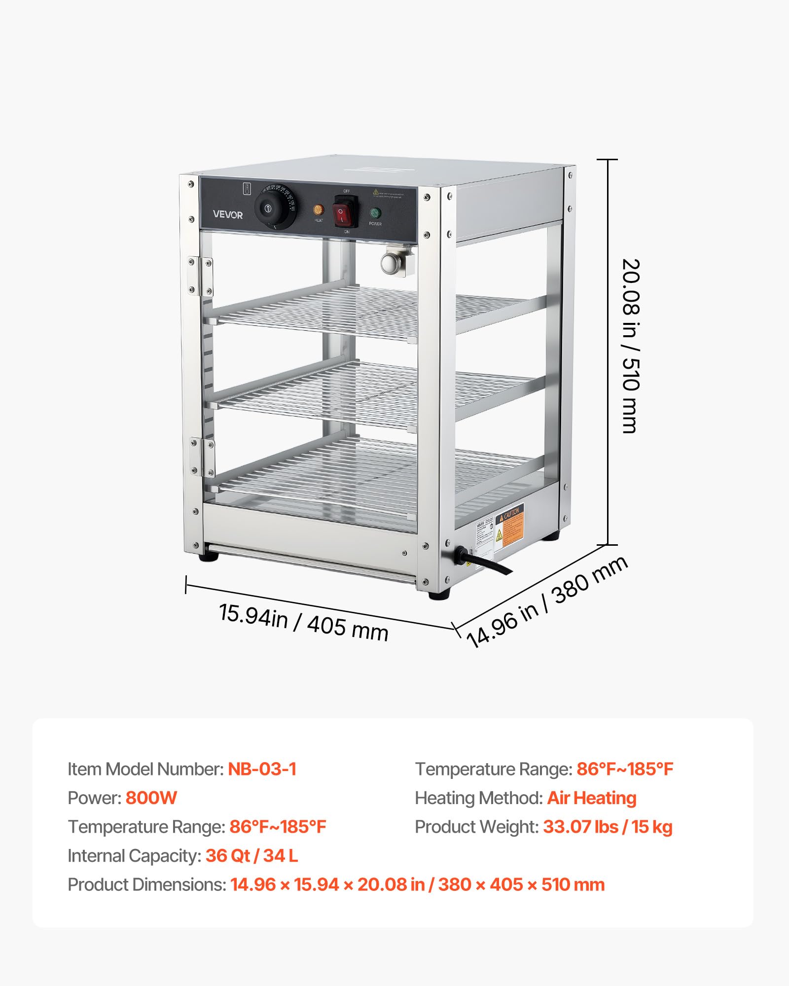 VEVOR Scaldavivande commerciale a 3 livelli, 800 W, con luce LED, ripiano regolabile e telaio in acciaio inossidabile, riscaldamento ad aria da 30 °C a 185 °C, 34 litri per hamburger, pizza, pane