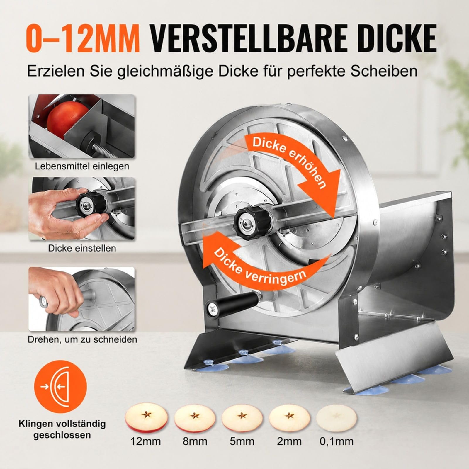 Manueller Gemüse- und Obstschneider aus Edelstahl mit 2 Ersatzklingen für Kartoffeln Gurken Zitronen Tomaten