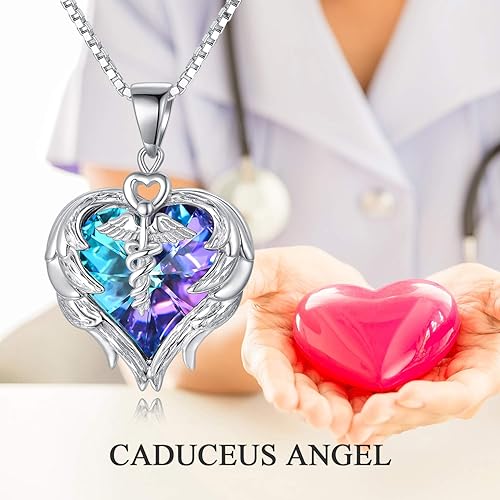 Miniatura 7 de AOBOCO Collar de enfermera de plata de ley 925 con dije de corazón de ala de ángel caduceo, regalo de joyería de enfermera para médico, enfermera
