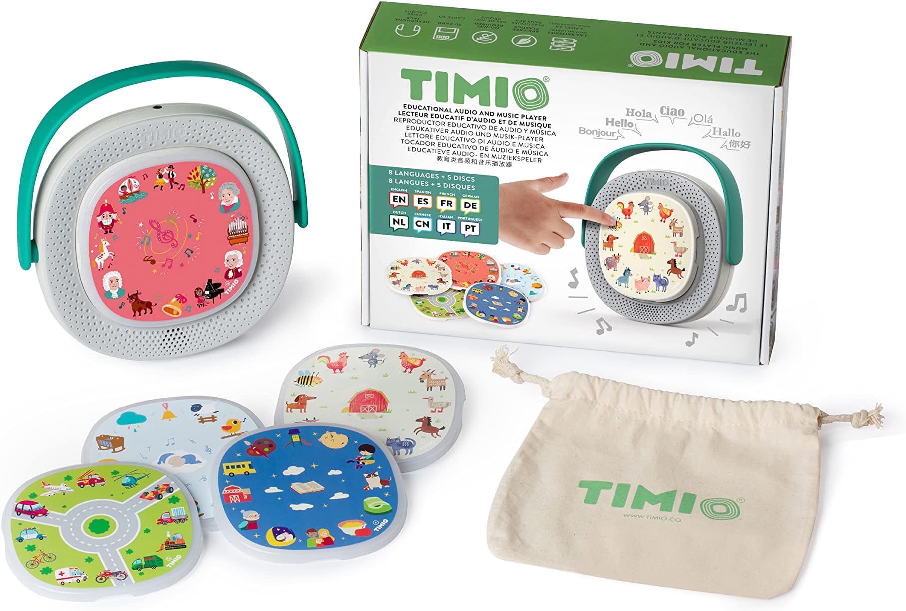 TIMIO Starter Kit: The screen-free, interactive educational Audio & Learning Toy from 2 years on with 5 Discs + 8 languages DE/EN/FR/ES/IT/NL/CN/PT