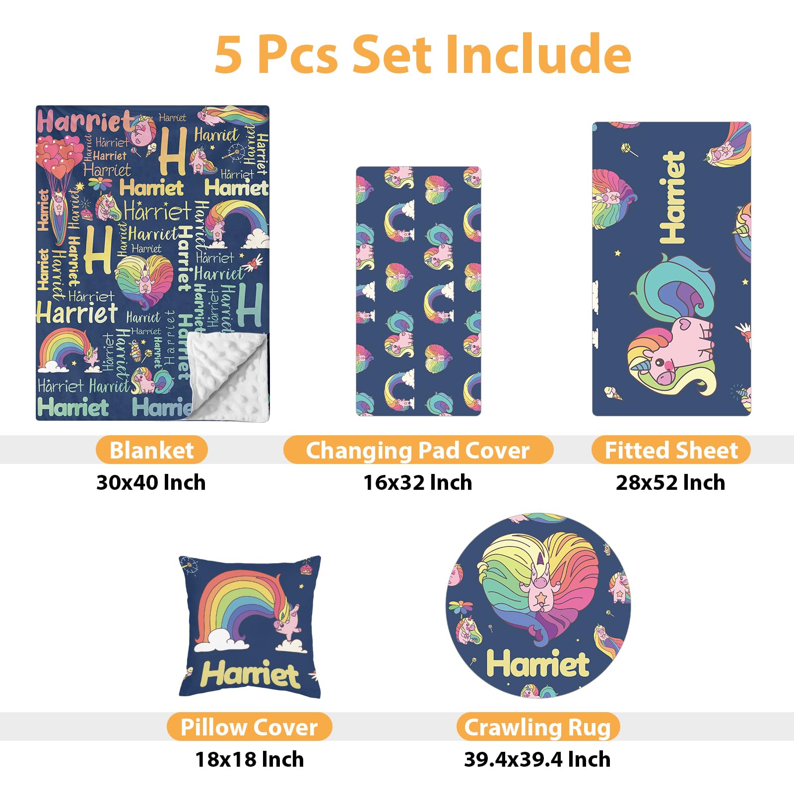 Individuelles Babybett-Bettwäsche-Set, 5-teilig, Regenbogen-Designs, personalisierte Namensdecke mit gepunkteter Rückseite, Kinderbettlaken, Wickelunterlage, Kissenbezug, Teppich für Neugeborene, Blau