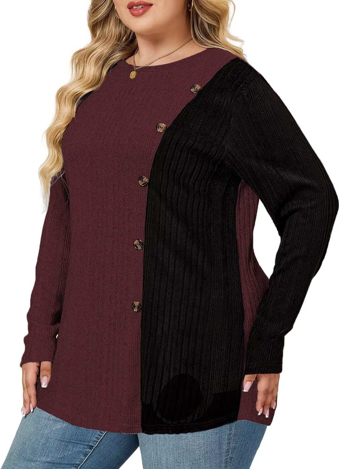 VISLILY Womens-Plus-Size-Long-Sleeve-Tops Color Block Lightweight Sweaters Casual Crewneck Shirts Button Decor Tunics Blouses - Image 2