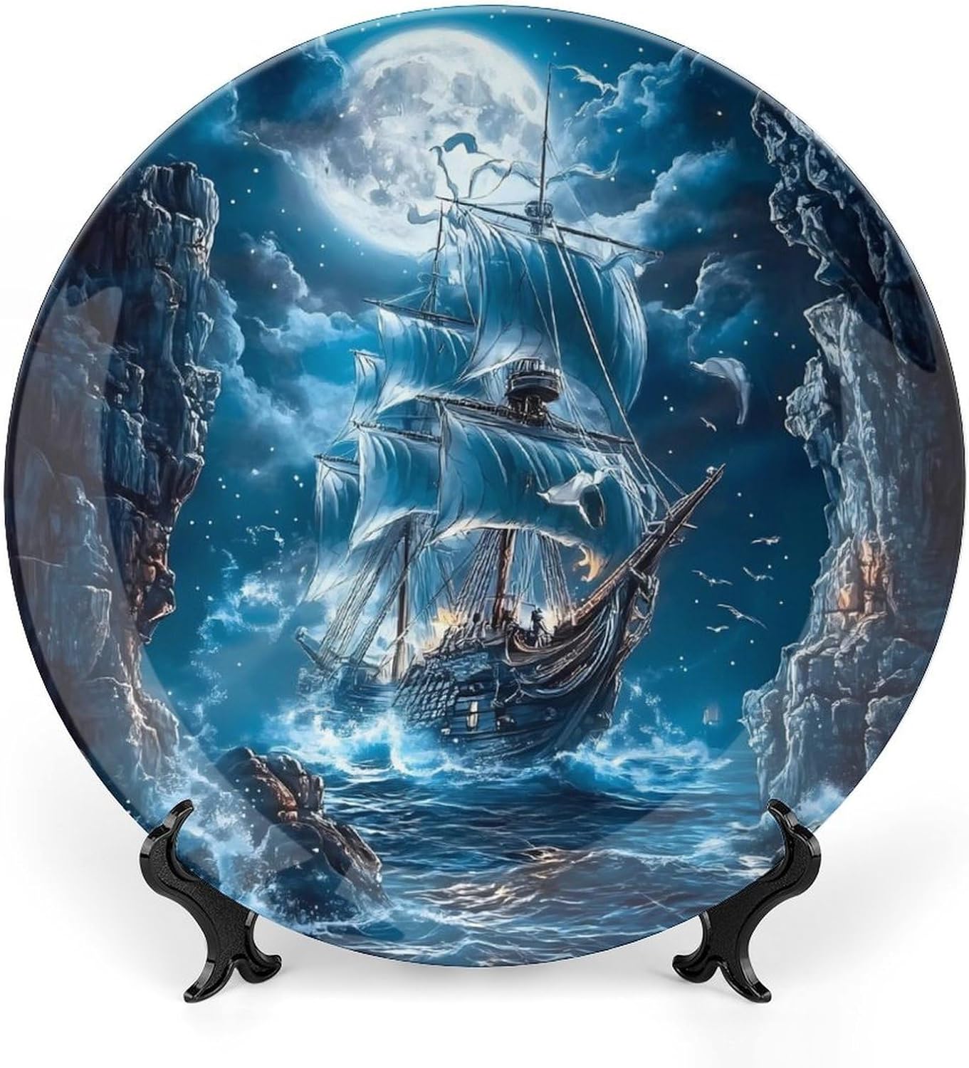 Piratees Ship Moon Ocean Decorative Plate Round Decor Trinket Dish Bone China Dinner Plates for Home Office