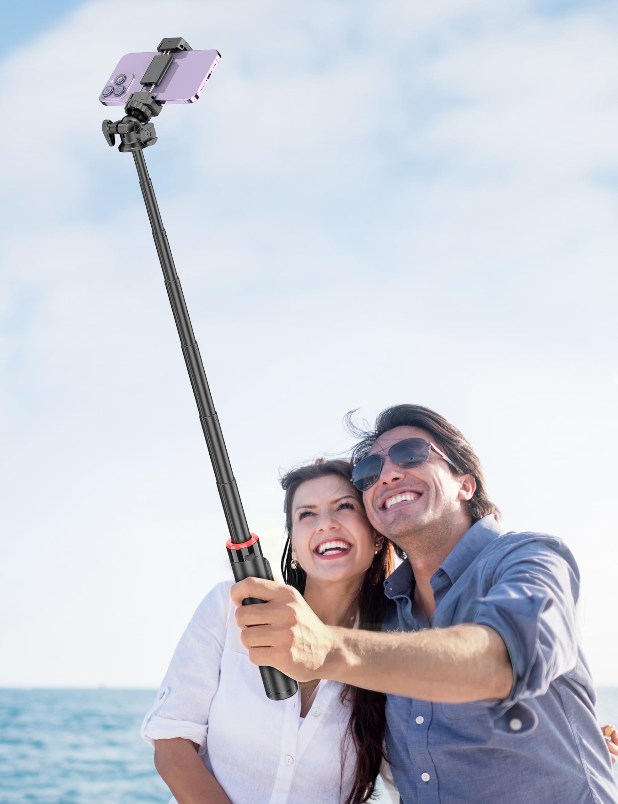 Aluminiowy statyw do selfie, statyw do selfie z pilotem i głowicą kulową 360°, rozkładany statyw do smartfona 4 w 1 z zimną stopką, lekki statyw podróżny kompatybilny z iPhone 16/15/14/Android