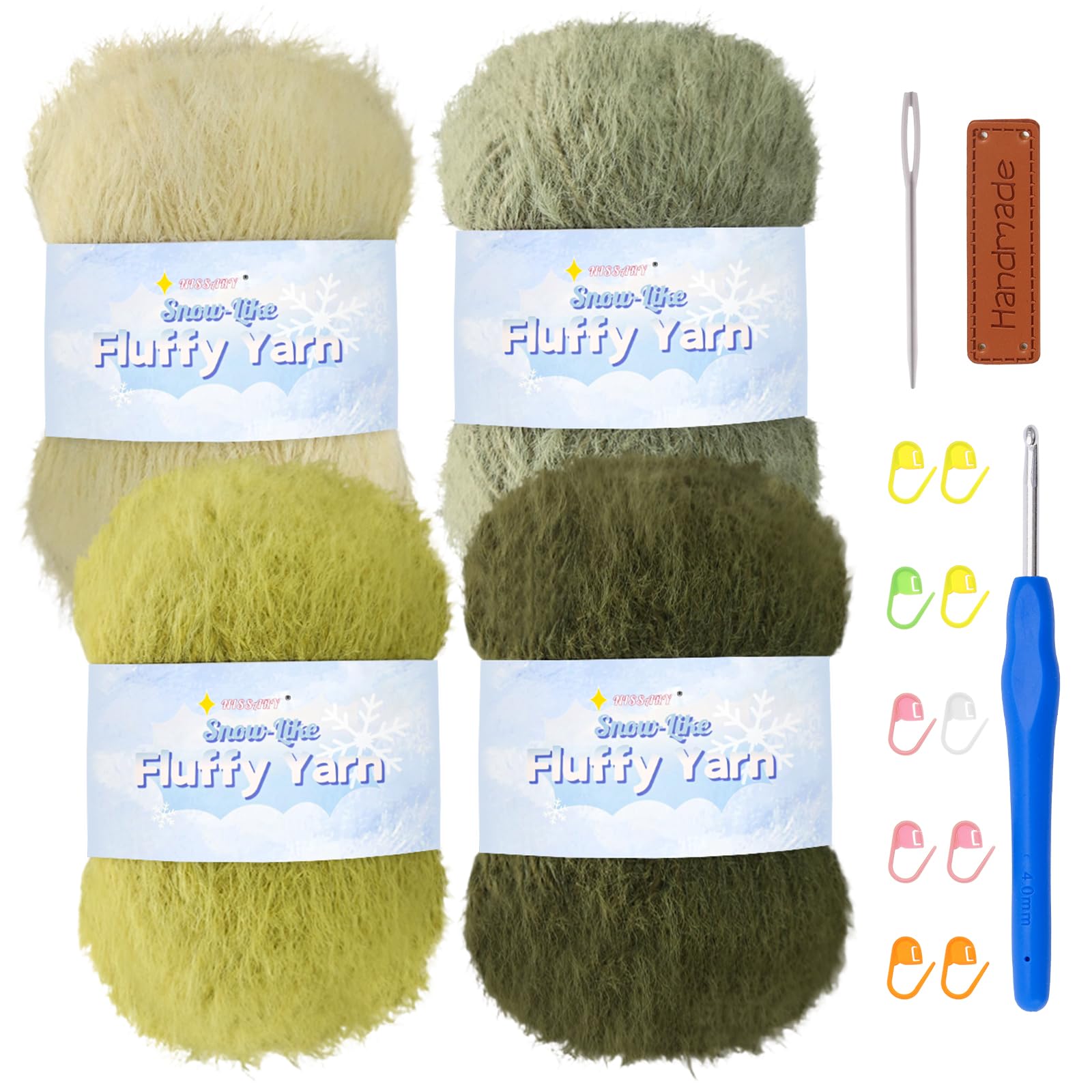 Nissary Plush Yarn for Crochet — 4 x 100g Crochet Wool, Fluffy DK Yarn with Hook & Accessories Kit — 218 yds / 200m per Ball for Beginners, Amigurumi & Handmade Gifts Green-4