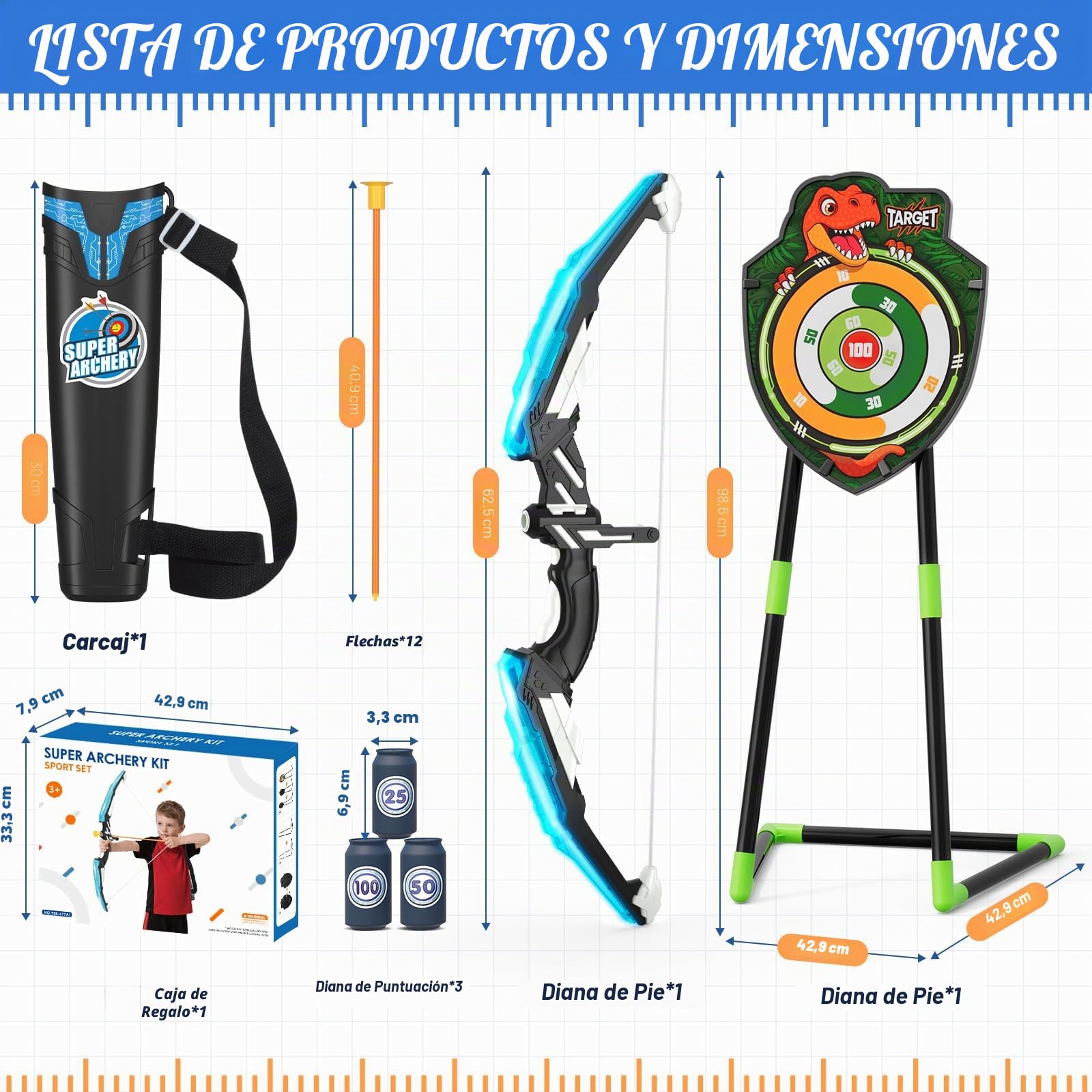 HYES Arco y Flechas para Niños, Juguetes de Tiro con Arco con Flechas de Ventosa, Objetivo de Pie Móvil, Soporte de Flecha y Objetivos de Puntuación, Juguete Regalo para Interior y Exterior