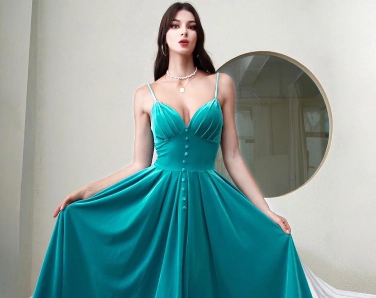 Velvet Evening Dress Tea Length Party Dress Spaghetti Strap V Neck Formal Dress for Women with Slit