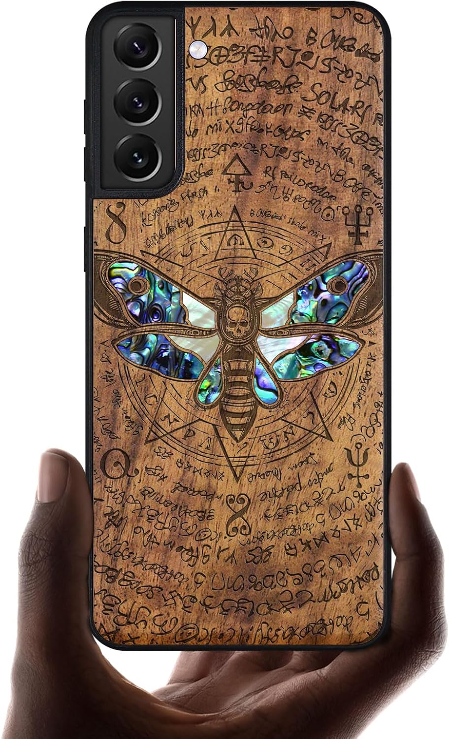 Carveit Designer Wooden Cover for Samsung Galaxy S22 Plus Case [Wood Engraving & Shell Inlay] Compatible with Wireless Chargers Galaxy S22 Plus (Death's Head Moth-Walnut)