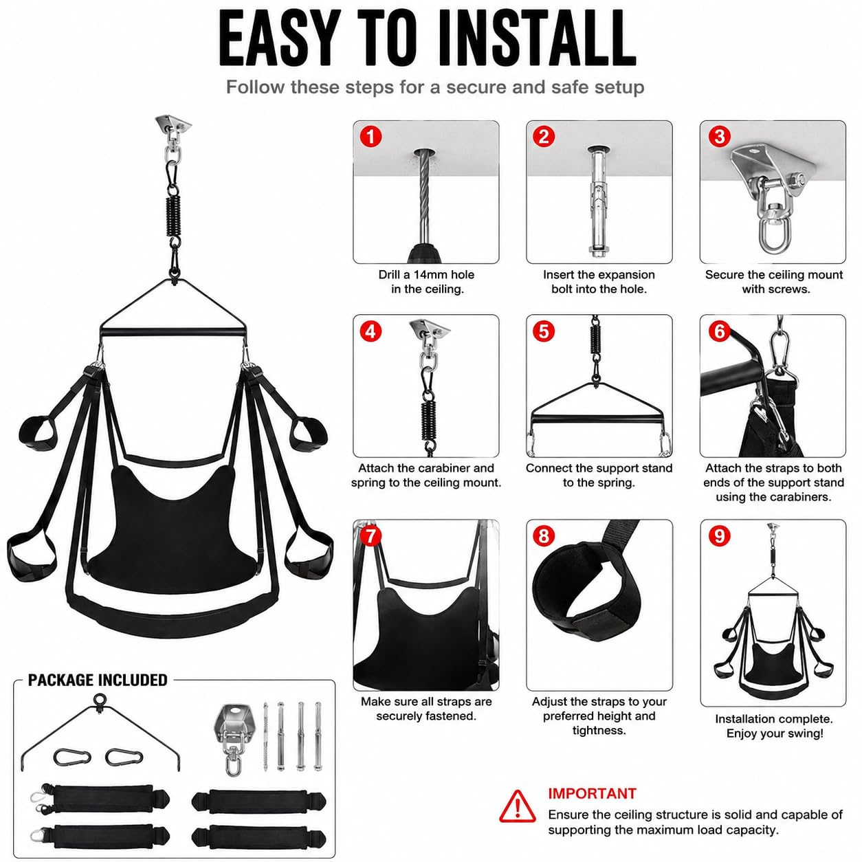 Altalena Erotica per Coppie 400 kg Heavy Duty – Rotazione a 360°, Seduta Extra Larga Imbottita in Pelle con Supporto per Collo, Cuscino Seduta e Kit Completo di Montaggio a Soffitto – Cinghie Regolabi