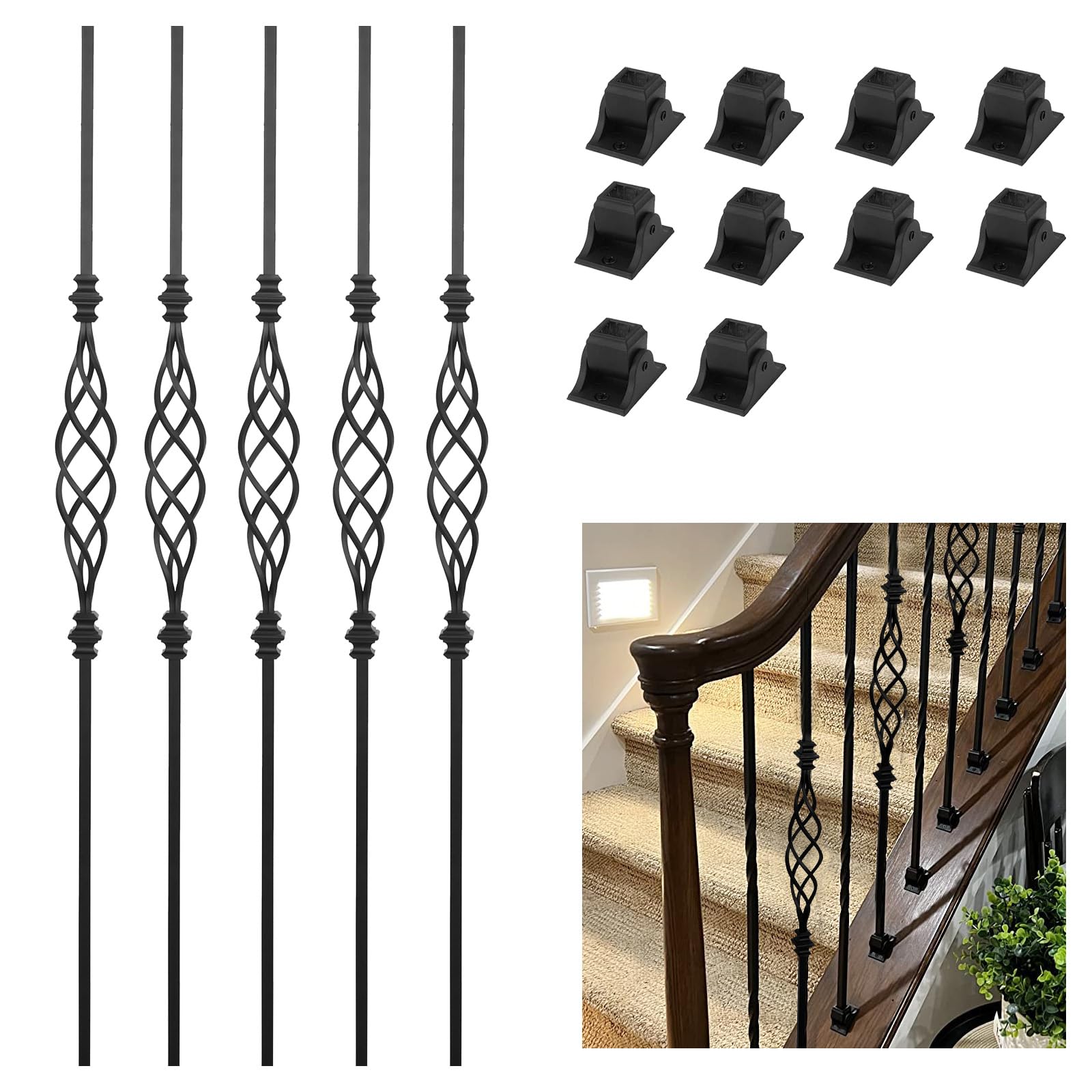 Iron Stair Balusters 5 Pack, Hollow Big Basket Iron Spindles 1/2" Square Metal Balusters with Iron Baluster Swivel Shoes
