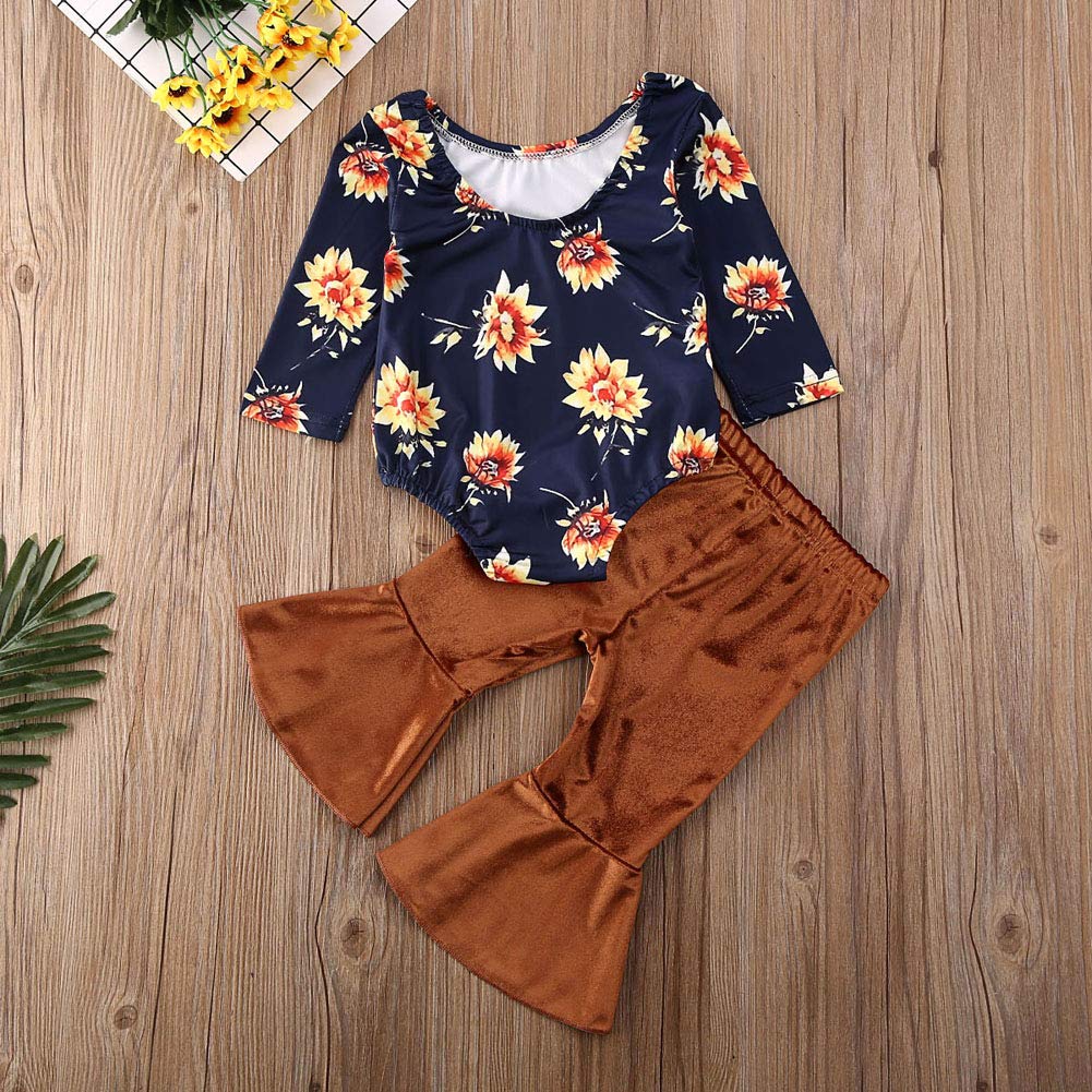 Newborn Toddler Baby Girl Long Sleeve Floral Romper Bodysuit Bell Bottom Flare Pant 2Pcs Clothes Outfit Set (Brown,12-18 Months)