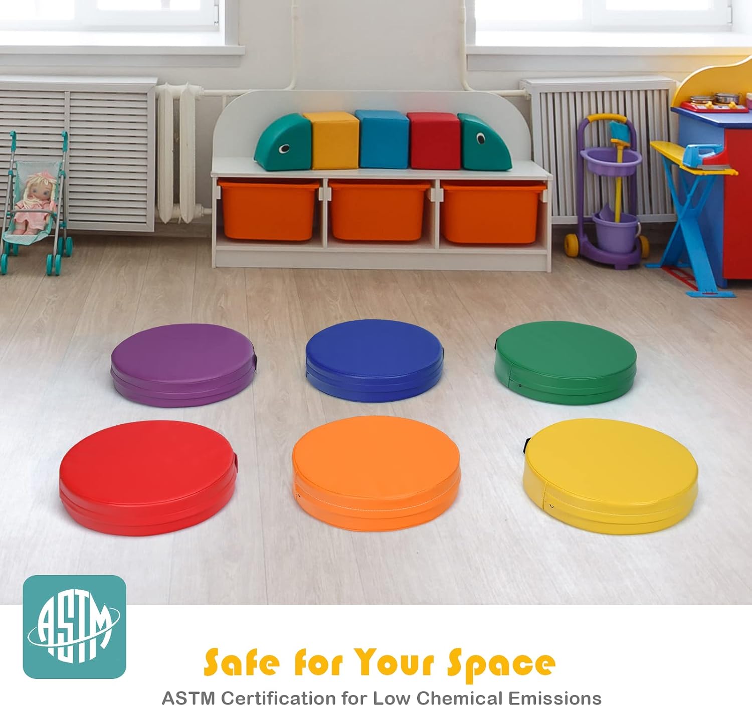 Gotoplay Kids Floor Cushions with Handle, 6PCS 15 Inch Flexible Round Floor Cushions, 3 Inch Thick Soft Foam Seating for Home School Classroom Kindergarten Daycare Nursery