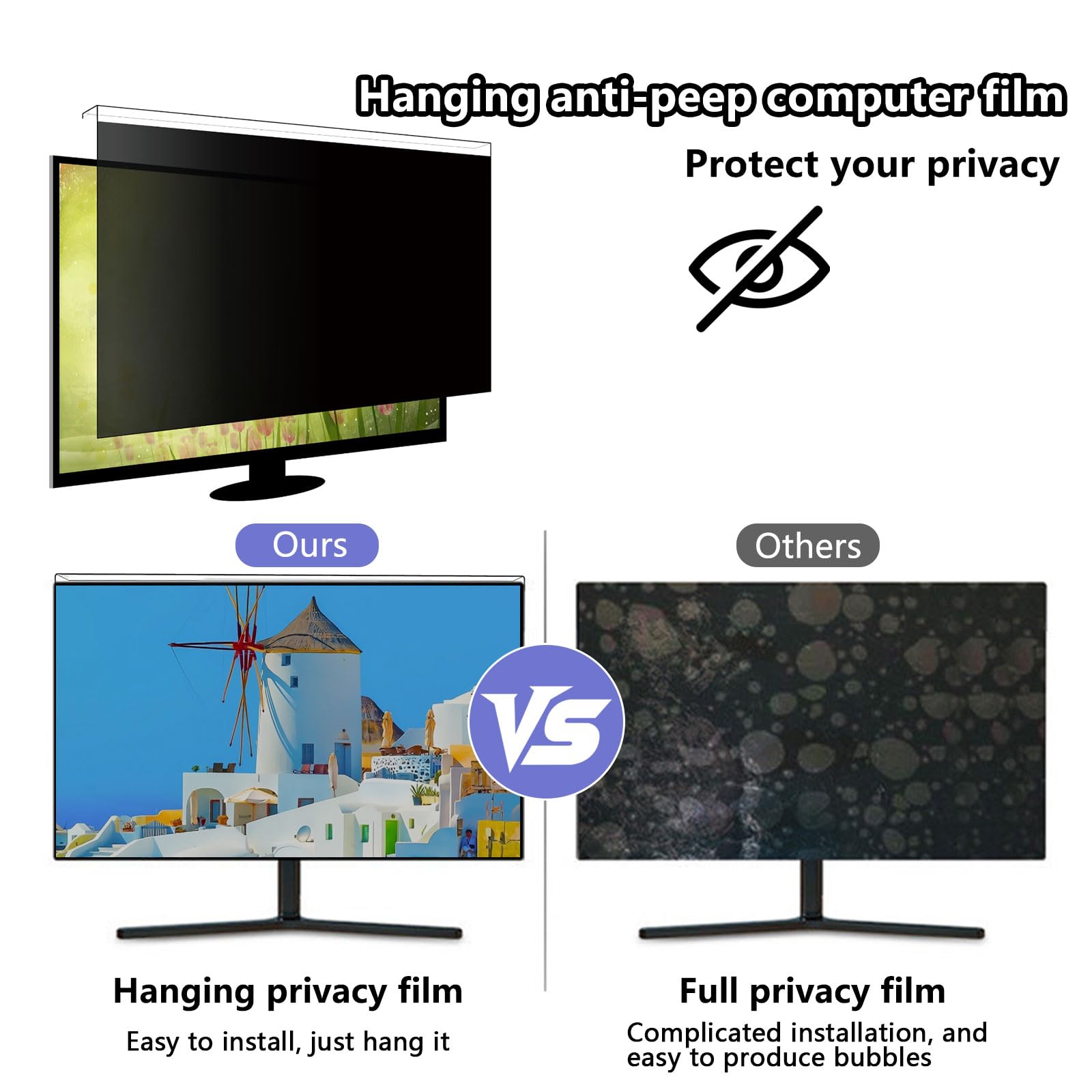 AIZYR Protection D'écran De Confidentialité À Suspendre,Panneau De Filtre De Confidentialité Filtre Antireflet Et Anti-Lumière Bleue Filtre De Confidentialité Anti-Espion Amovible,15.6inch 360*220mm