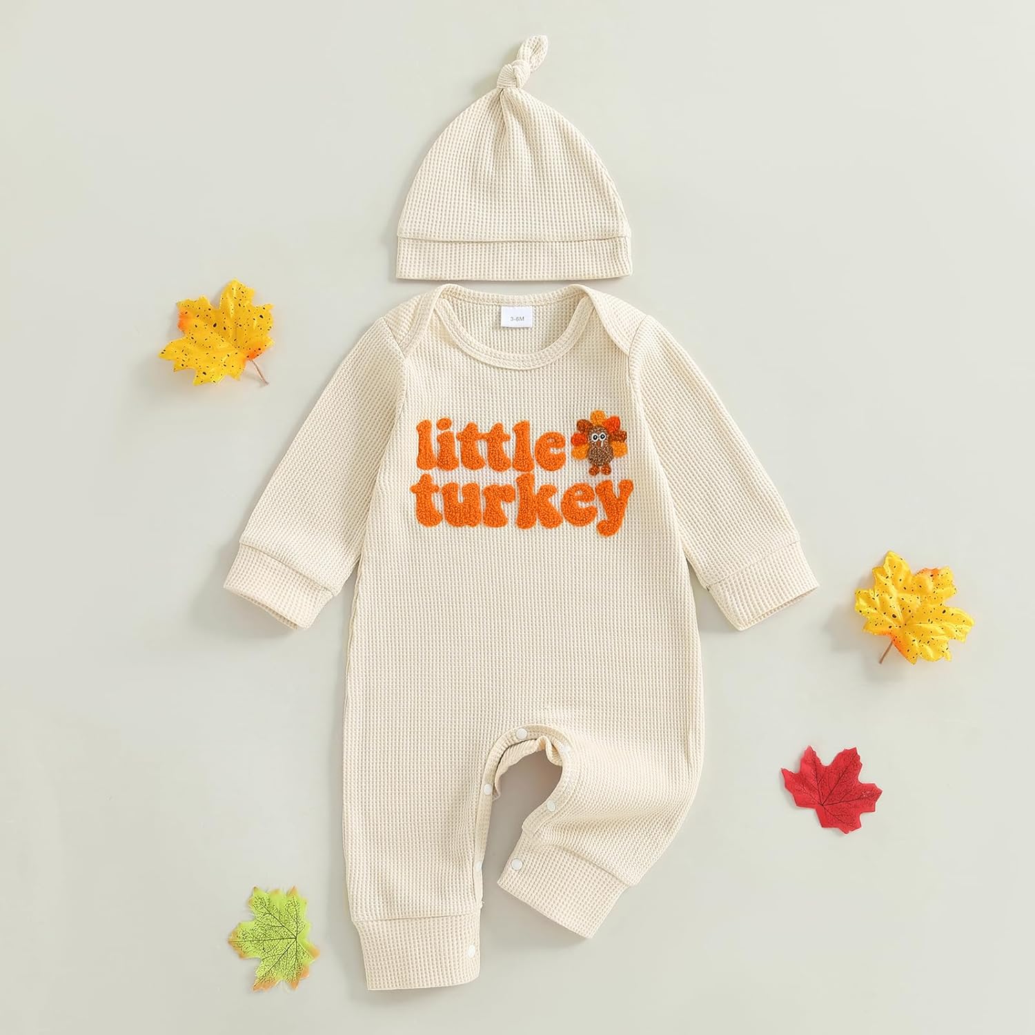 Newborn Baby Boy Thanksgiving Outfit Little Turkey Embroidery Waffle Knit Romper Jumpsuit Hat Coming Home Outfit - Image 5