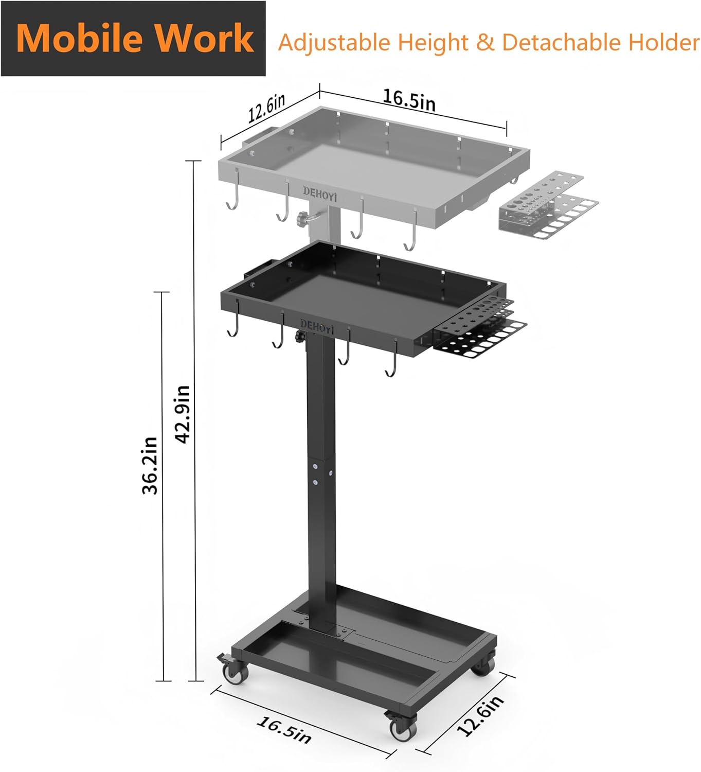 Adjustable Height Tool Cart with Wheels for Garage, Mechanic Rolling Tool Tray Table, Heavy Duty Metaol Tool Cart(Black)