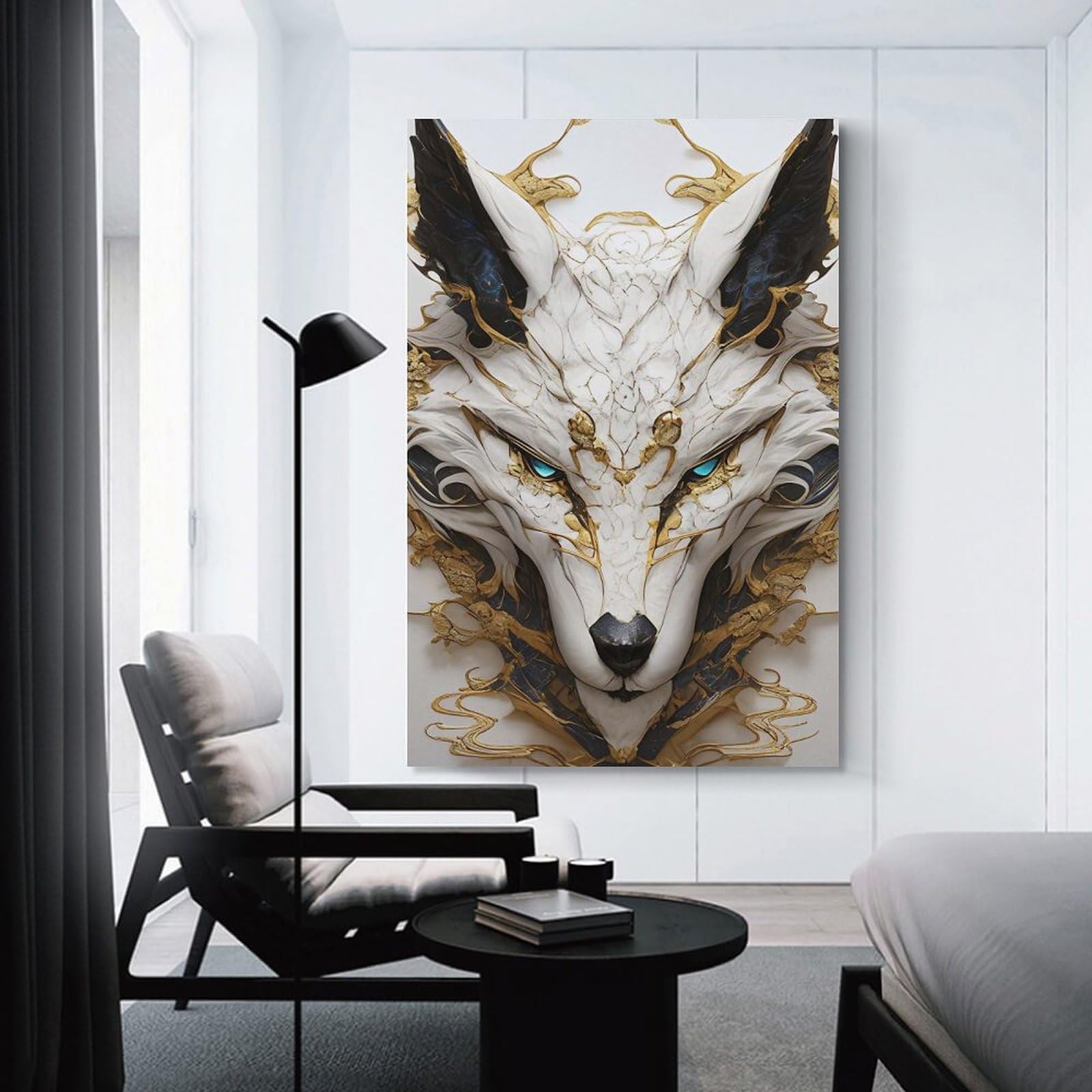 Junmoney Unframe-Style-16 Ornate White And Gold Wolf Portrait Canvas Wall Picture, 20X30inch(50X75cm), For Living Room, Bedroom Or Apartment Walls, Decorative Artwork For Empty Walls