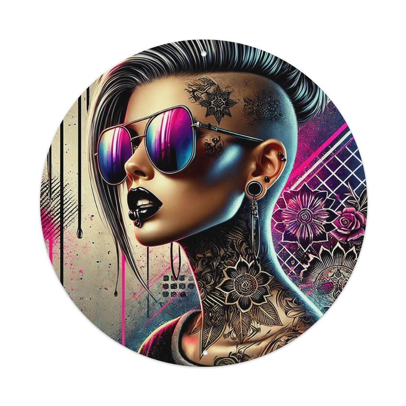 Floral Geometric Neon Abstract Tattoo Vintage Round Tin Sign Retro Metal Wall Decor Metal Poster, Home Bar Garage Cafe Wall Art Decoration 8x8Inches