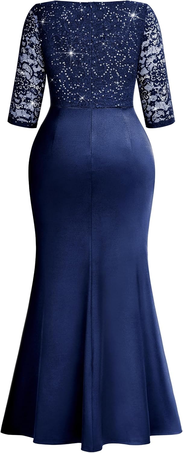 MISSMAY Women's Plus Sequin Lace Satin Ruched Ruffle Mermaid Formal Evening Long Dress - Image 6